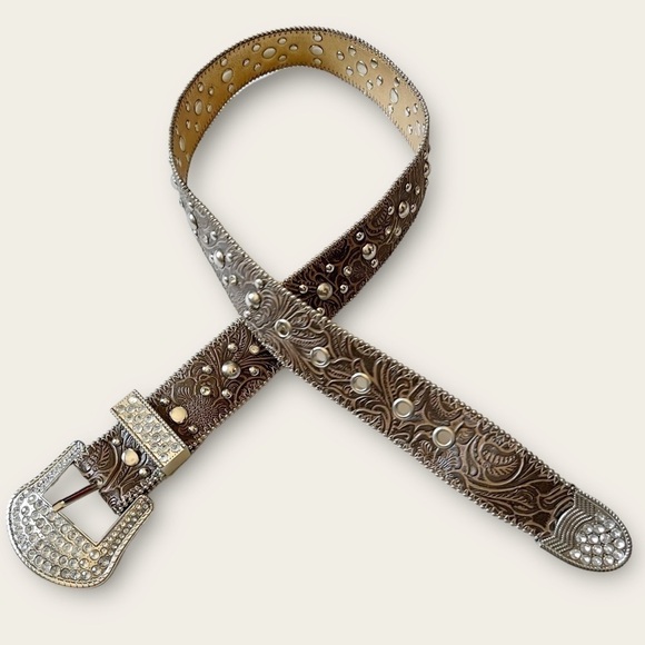 KATHY Van Zeeland Studded Belt Y2K Glam Cowgirl Western Rhinestones Leather S main image 8